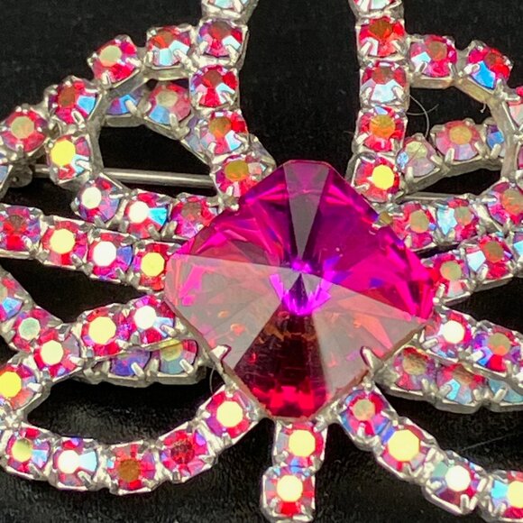 Fuchsia Pink Aurora Borealis Ravioli Rhinestone Flower Brooch - Picture 11 of 12